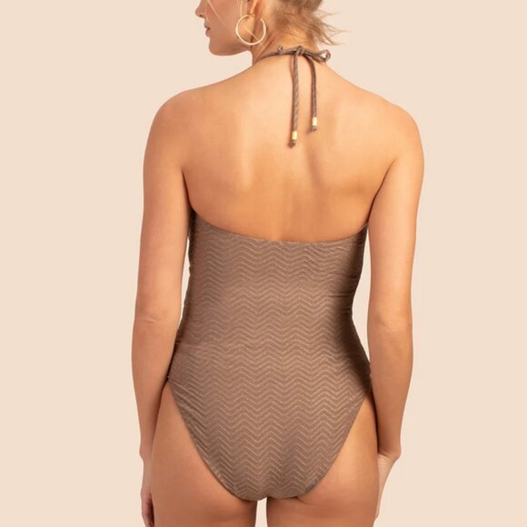 Trina Turk EMPIRE BANDEAU ONE PIECE in Sandstone Shine Size 10 NWT - Picture 2 of 10